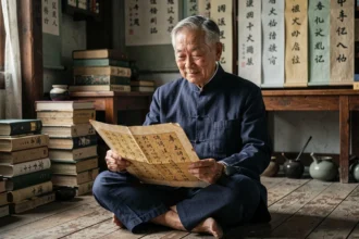 Vieil homme chinois lisant un parchemin de calligraphie dans une bibliothèque traditionnelle, illustrant la sagesse des proverbes chinois
