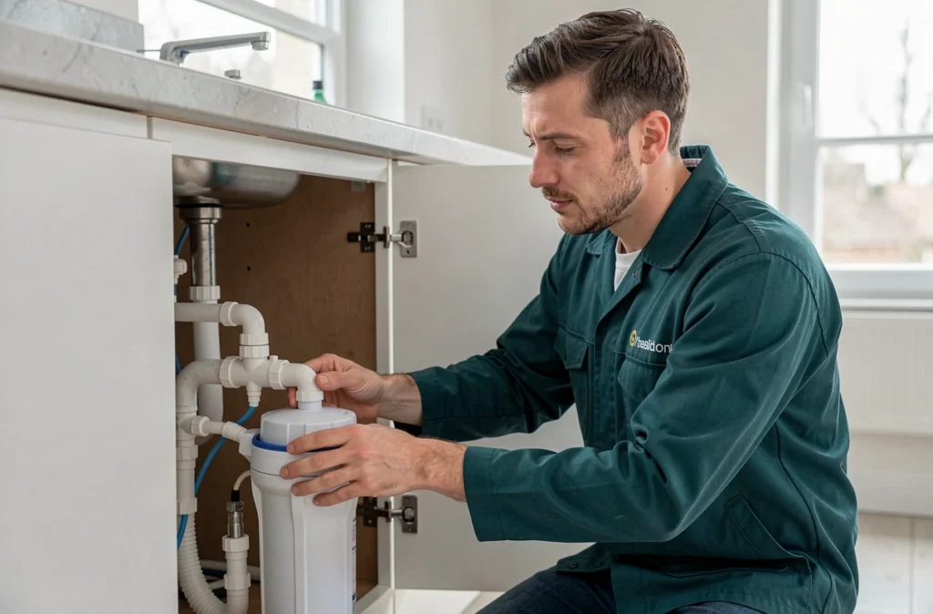 Un technicien de Zen PC raccorde un système de filtration d'eau sous un évier dans une cuisine contemporaine
