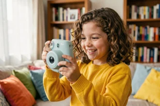 Jeune fille tenant un appareil photo instantané Polaroid coloré dans un salon cosy, regardant sa photo avec un grand sourire