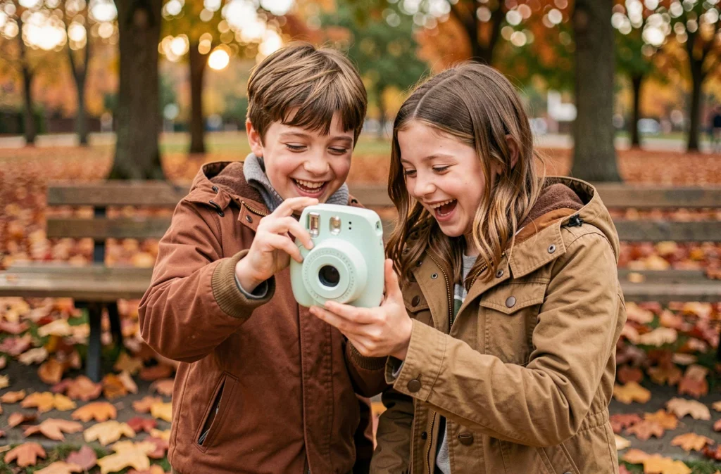 Deux enfants utilisant un appareil photo instantané Polaroid dans un parc en automne, riant en attendant le développement de la photo